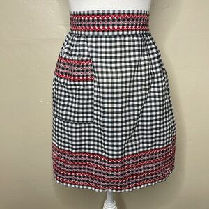 VINTAGE Apron Black & White Check Red Grosgrain Trim “Skirt” Style Tradwife